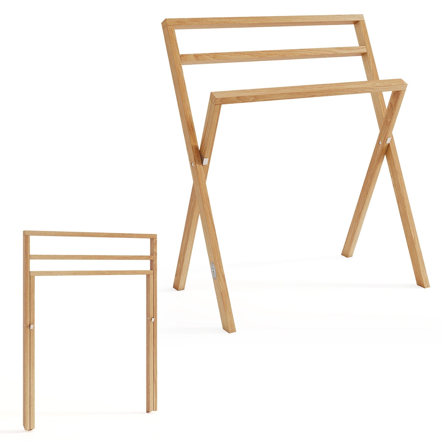 Freestanding foldable teak towel rack with 3 crossbars by DirectDeals, shown folded and extended on Tampa Home & Garden Store