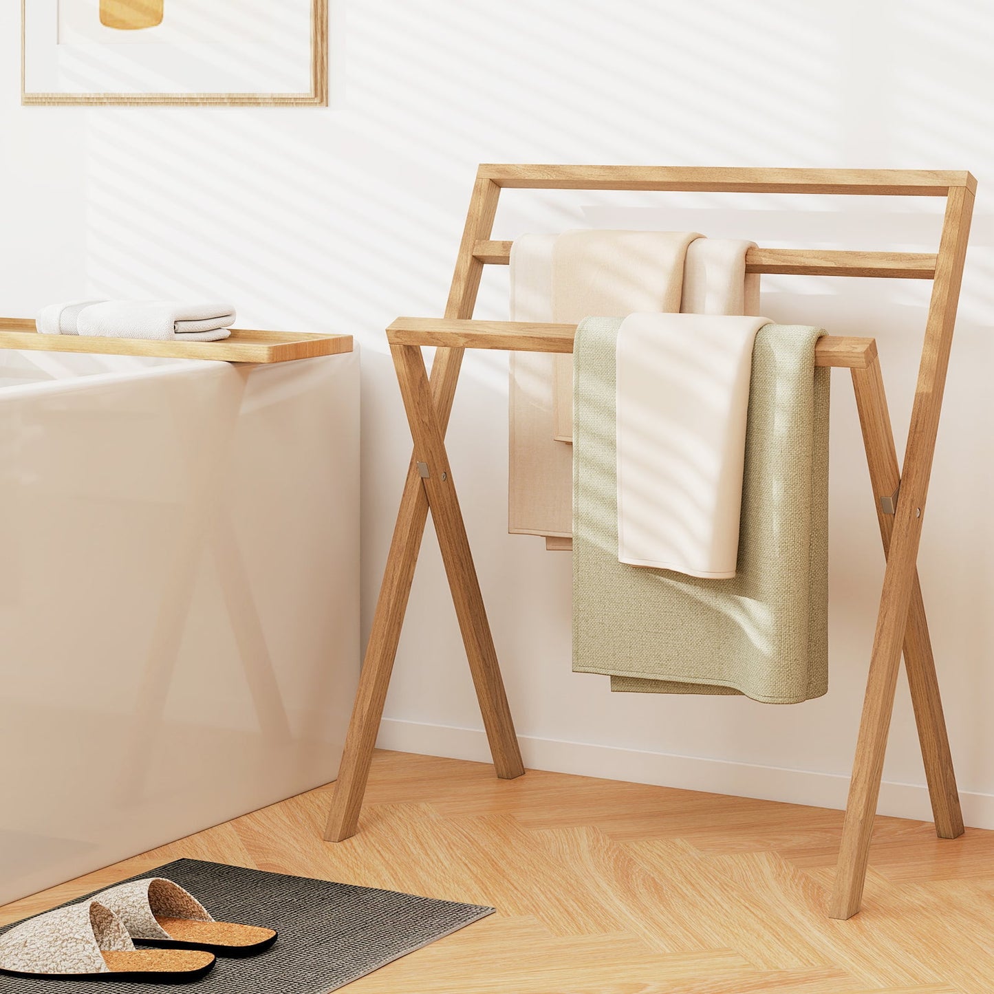 Freestanding foldable teak towel rack with 3 crossbars, natural wood finish on Tampa Home & Garden Store