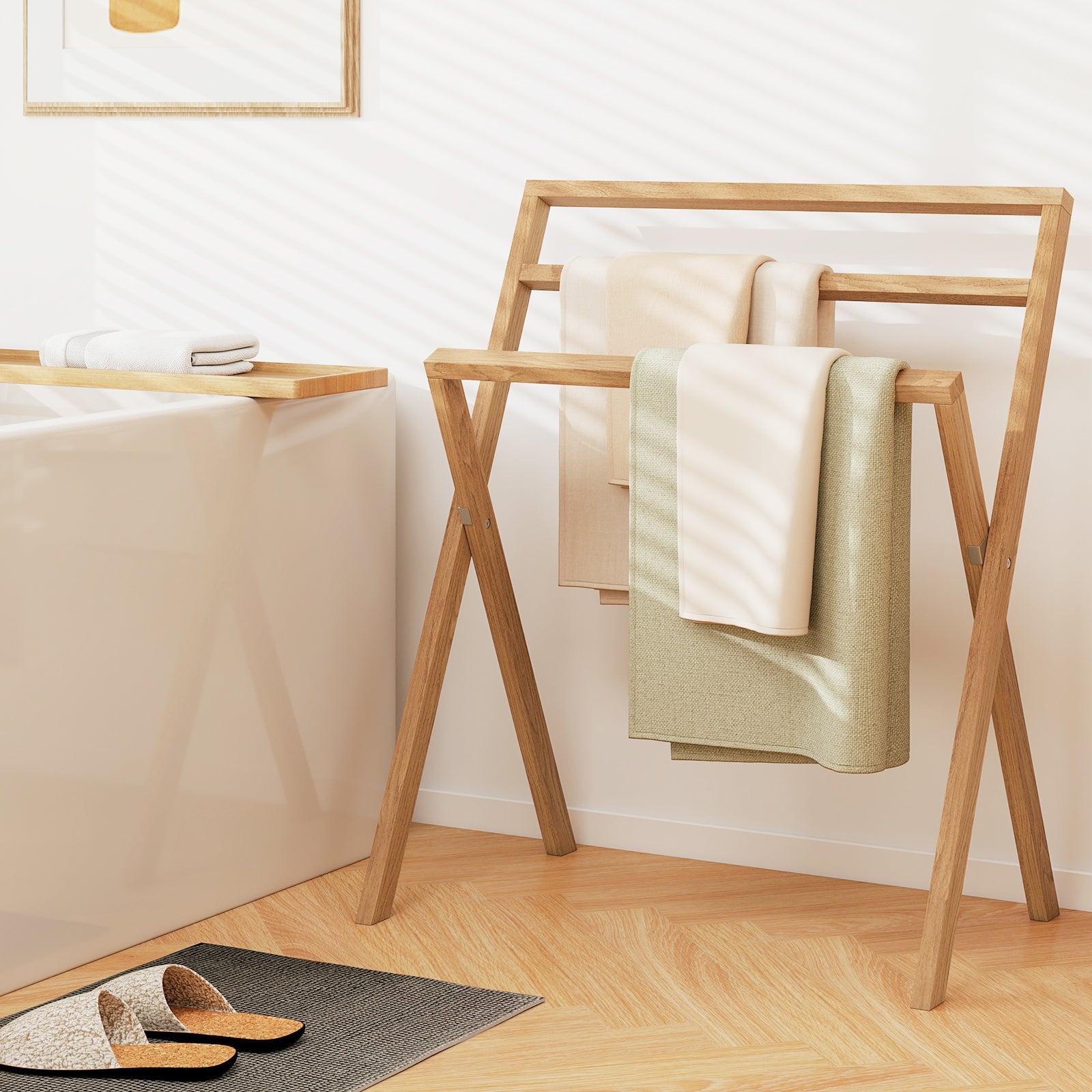 Freestanding foldable teak towel rack with 3 crossbars, natural wood finish on Tampa Home & Garden Store