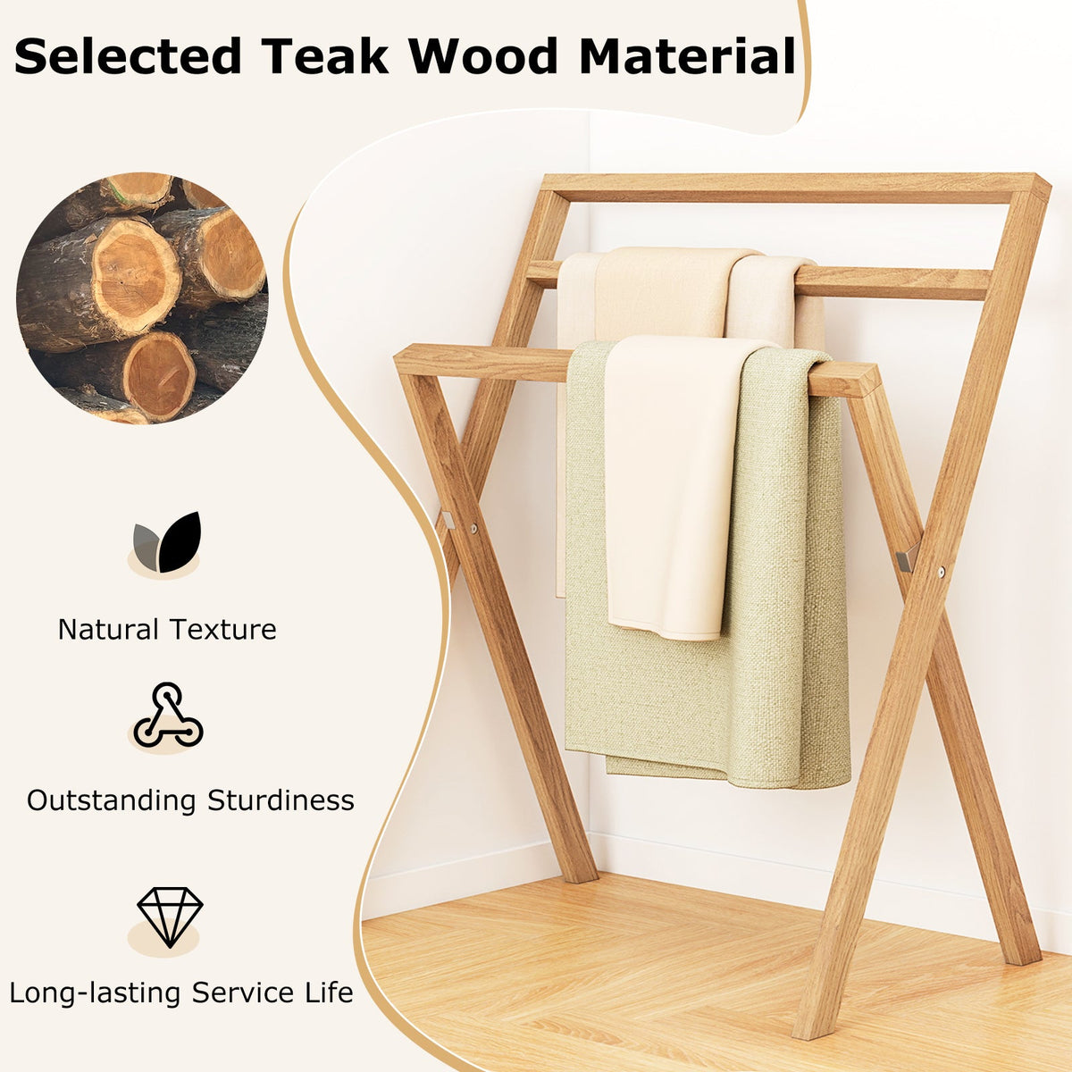 Freestanding Teak Wood Towel Rack with 3 bars by DirectDeals, towels displayed on Tampa Home & Garden Store