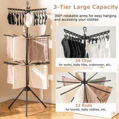 Estante de secado de ropa plegable independiente de 3 niveles con trípode y 24 clips - Negro