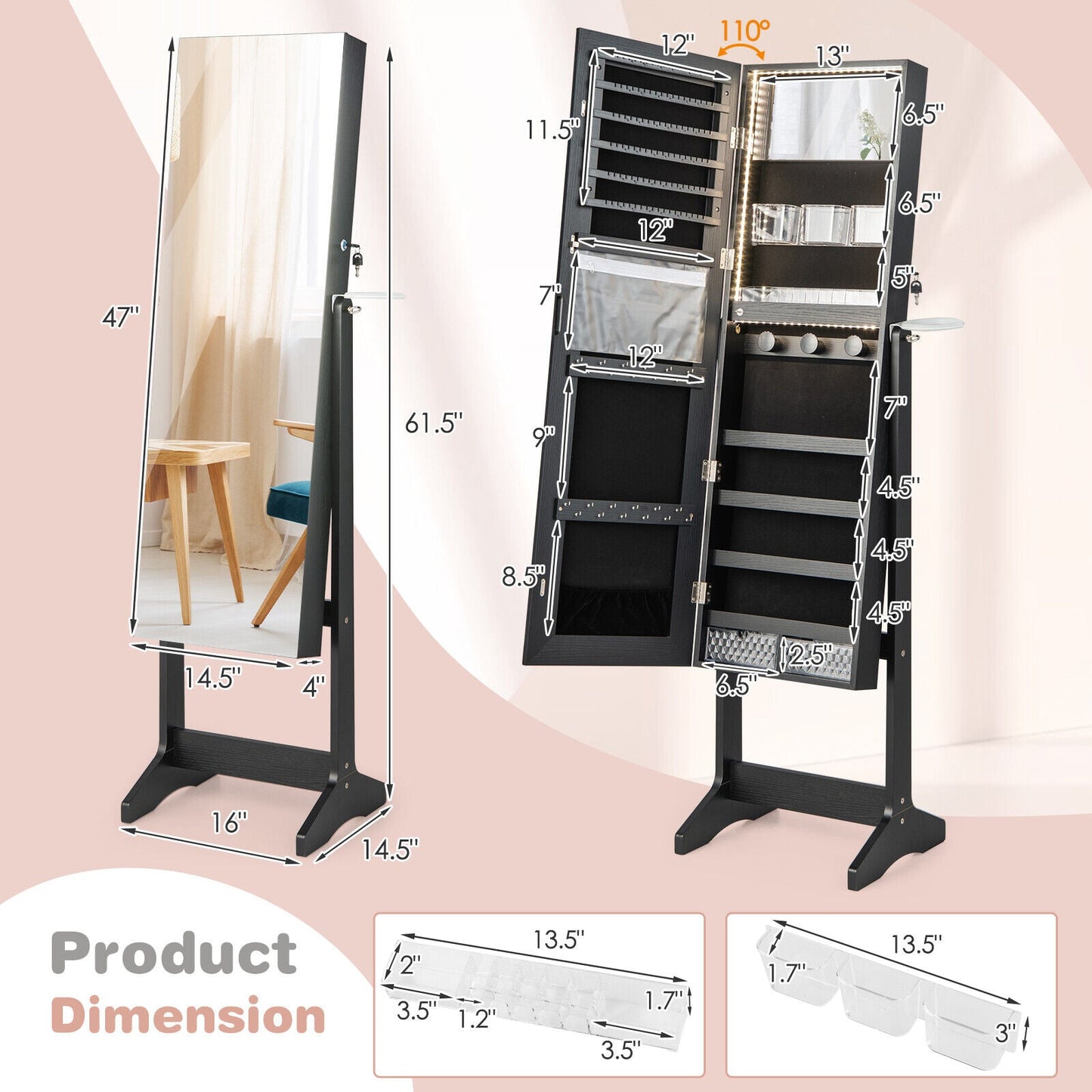 Freestanding Jewelry Cabinet with Full Length HD Mirror-Black