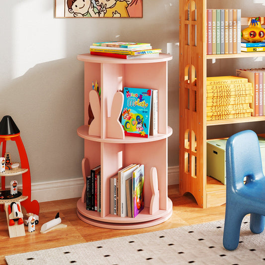 2 Tier Freestanding Kids Rotating Bookshelf Storage Rack with Bunny Baffles