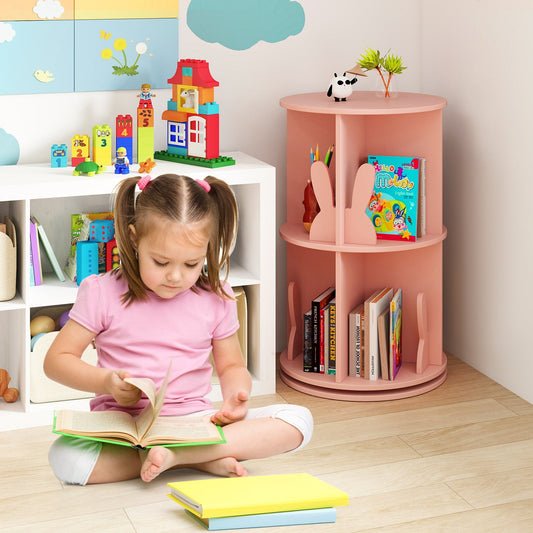 2 Tier Freestanding Kids Rotating Bookshelf Storage Rack with Bunny Baffles