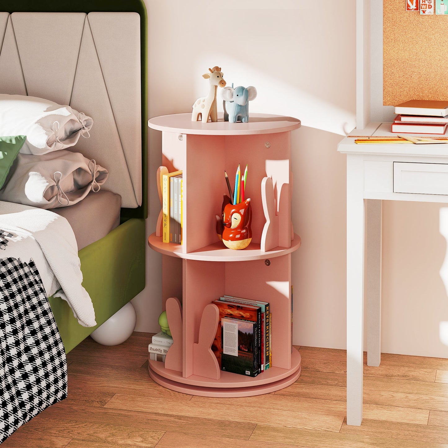 2 Tier Freestanding Kids Rotating Bookshelf Storage Rack with Bunny Baffles