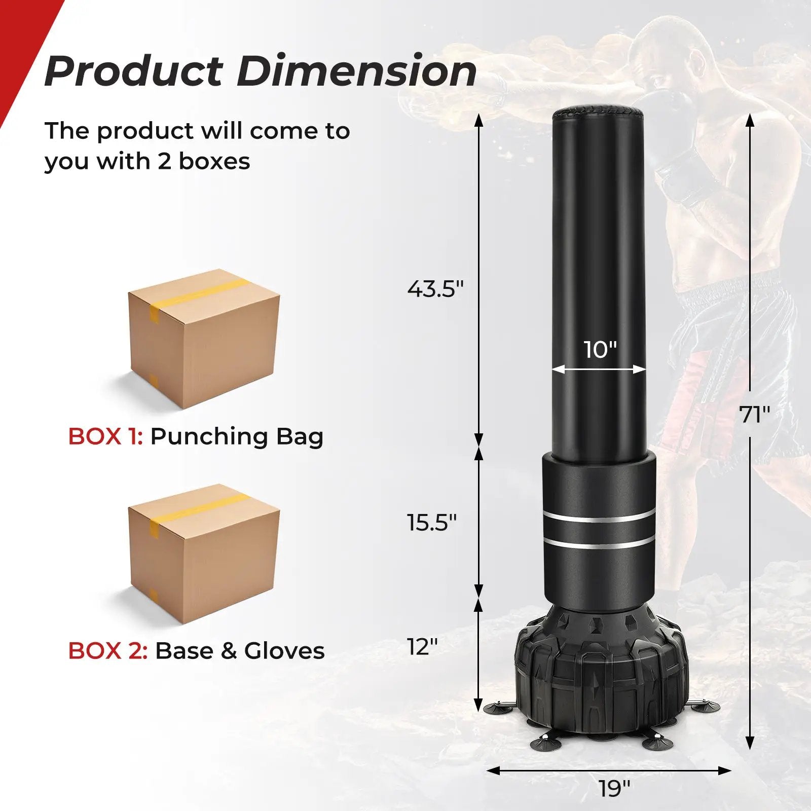 Punching Bag 71-Inch with Suction Cups and Gloves DirectDeals black pedestal bag 2 boxes shown on Tampa Home & Garden Store