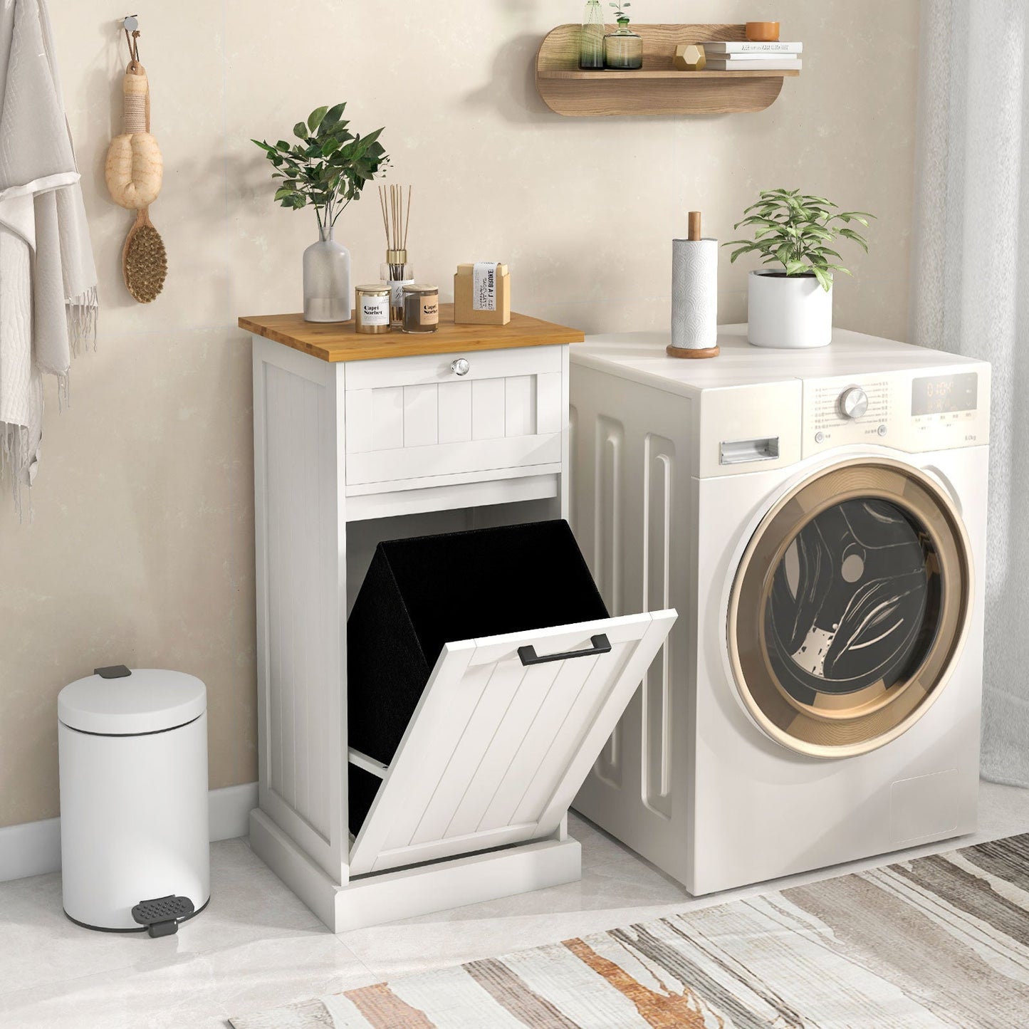 Mueble de lavandería independiente basculante con cesto - Blanco
