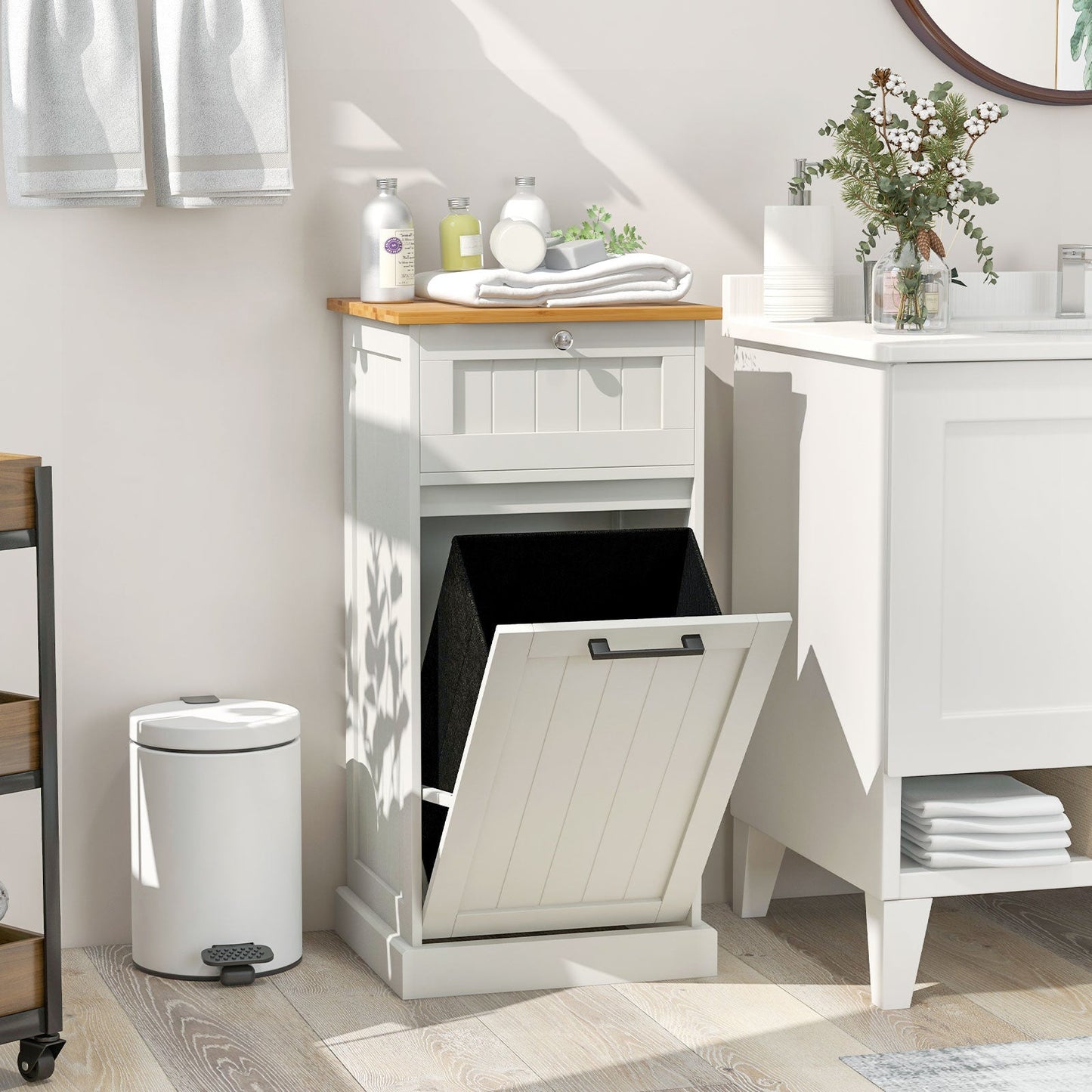 Mueble de lavandería independiente basculante con cesto - Blanco