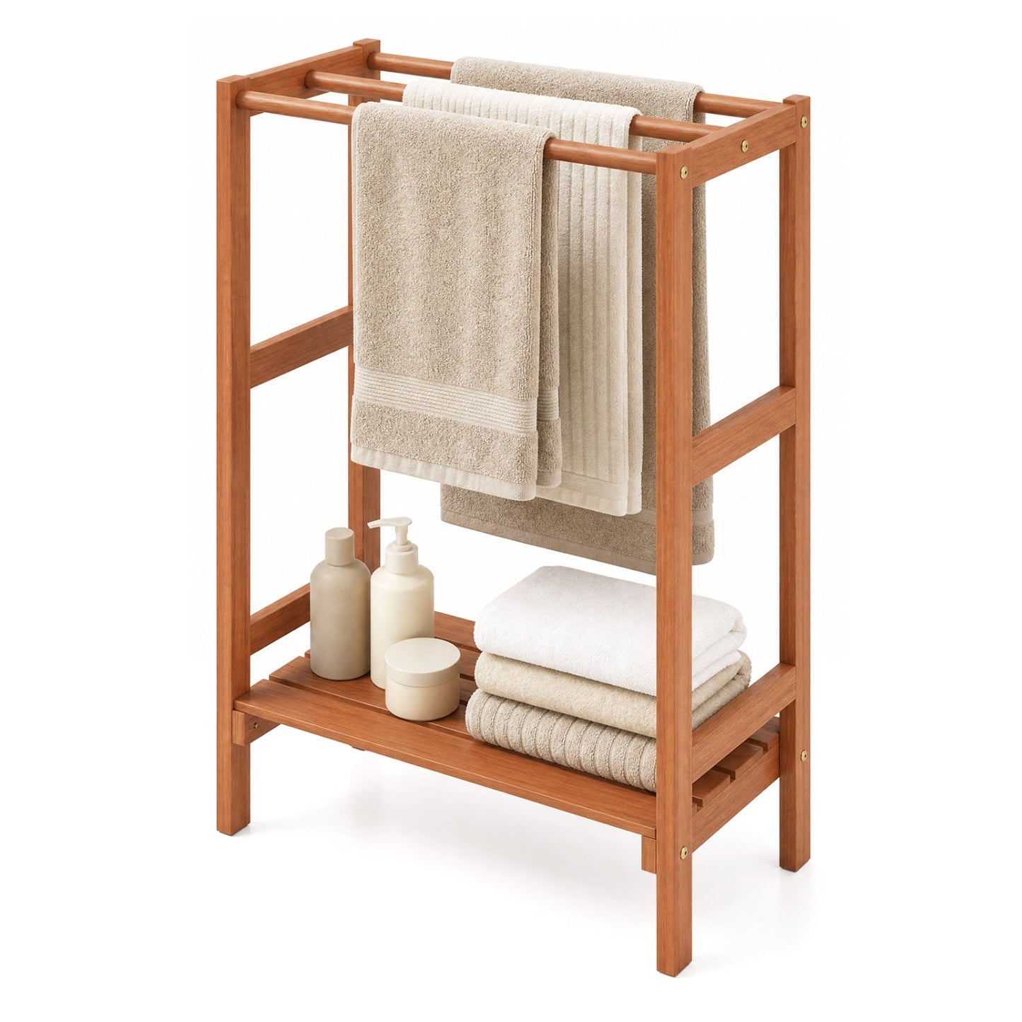 Freestanding towel rack with 3 bars and bottom shelf in warm wood finish, beige towels on bars on Tampa Home & Garden Store