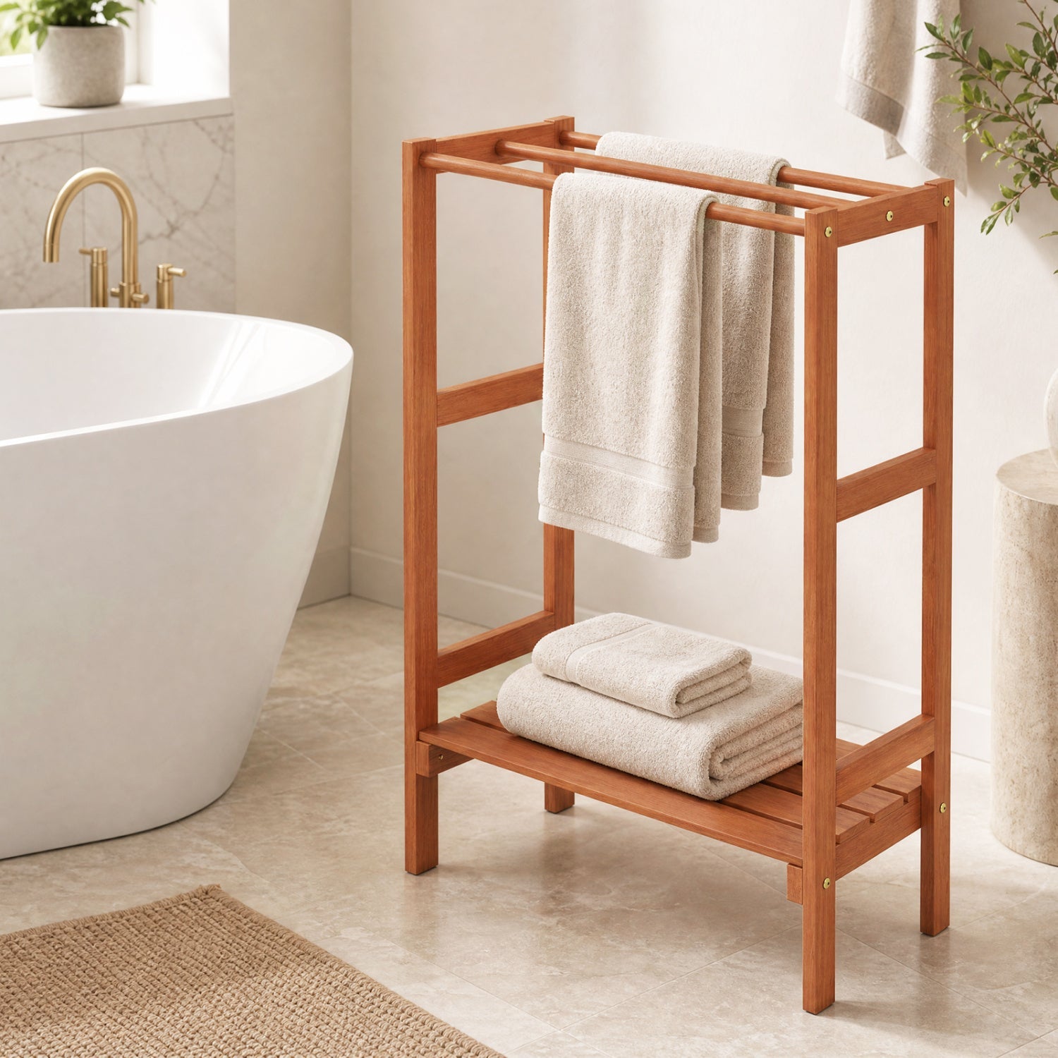 Freestanding towel rack with 3 bars and bottom shelf in warm wood by DirectDeals, towels on Tampa Home & Garden Store