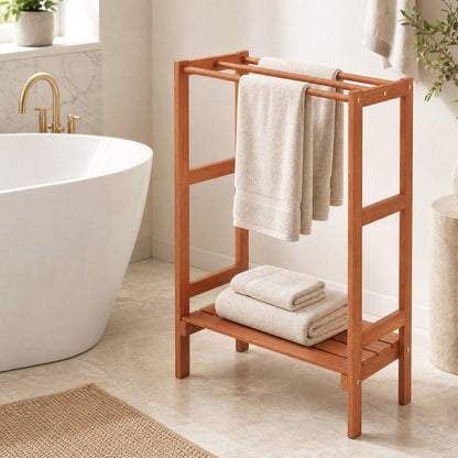 Freestanding towel rack with 3 bars and bottom shelf in warm wood by DirectDeals, towels on Tampa Home & Garden Store