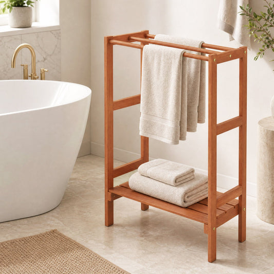 Freestanding towel rack with 3 bars and bottom shelf in warm wood by DirectDeals, towels on Tampa Home & Garden Store