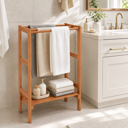 DirectDeals freestanding wooden towel rack with 3 bars and bottom shelf in natural finish on Tampa Home & Garden Store
