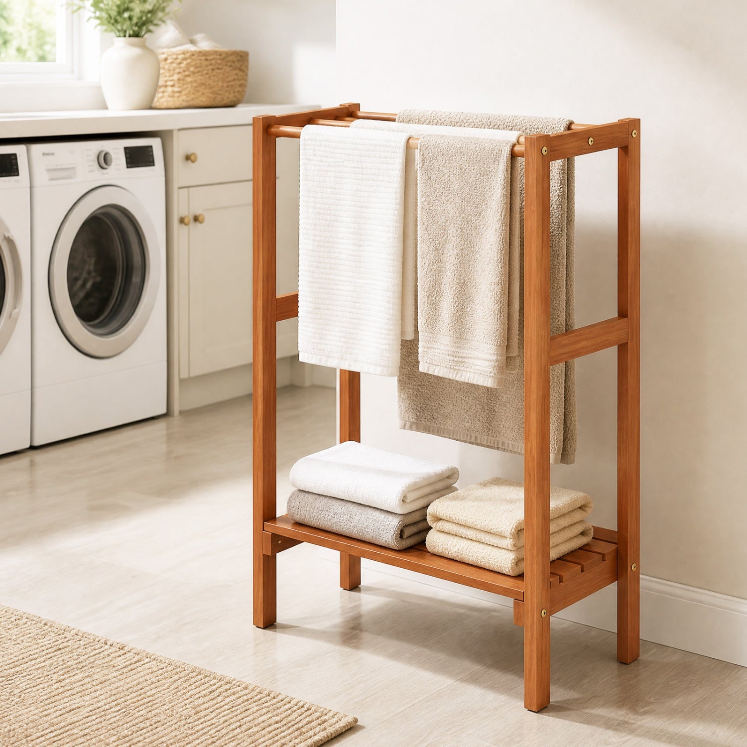 Freestanding towel rack in warm wood finish with 3 bars and bottom shelf DirectDeals on Tampa Home & Garden Store