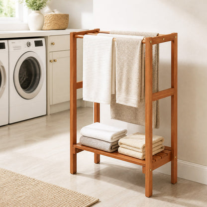 Freestanding towel rack in warm wood finish with 3 bars and bottom shelf DirectDeals on Tampa Home & Garden Store