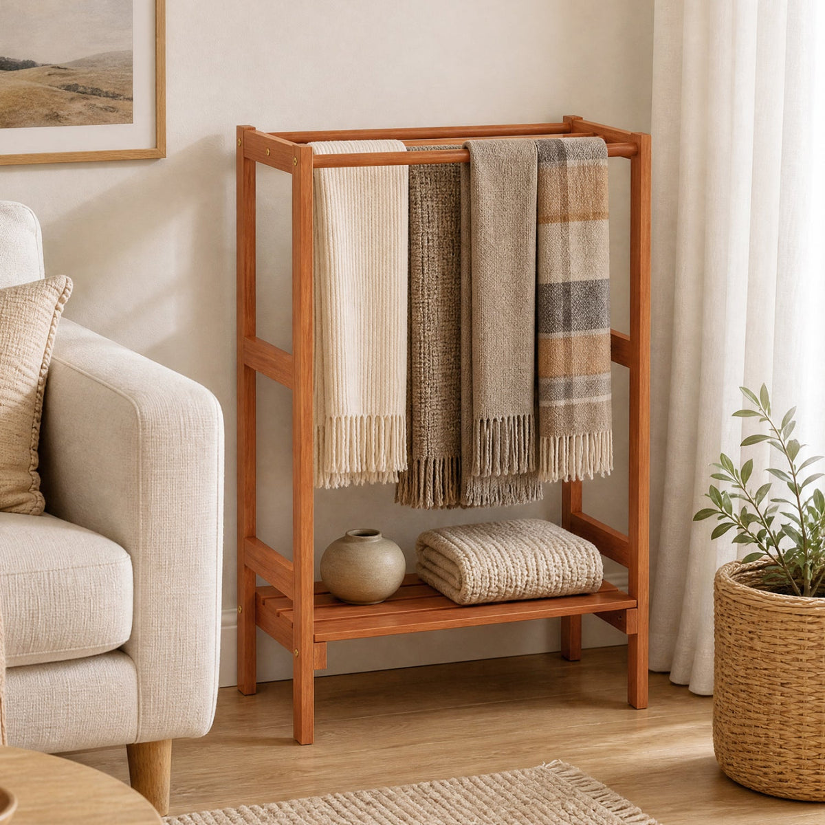 Freestanding towel rack with 3 bars and bottom shelf in warm wood finish, towels hung on Tampa Home & Garden Store