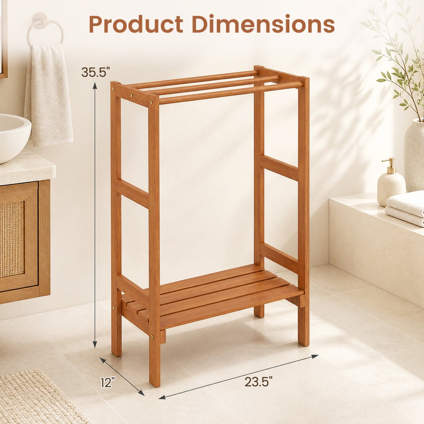 Freestanding Towel Rack by DirectDeals with 3 bars and bottom shelf in natural wood on Tampa Home & Garden Store
