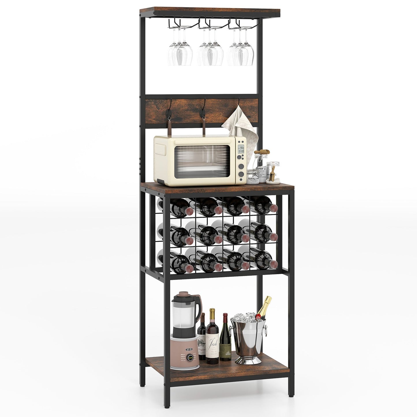 Botellero independiente, mueble bar de suelo con estantes para copas - Marrón rústico
