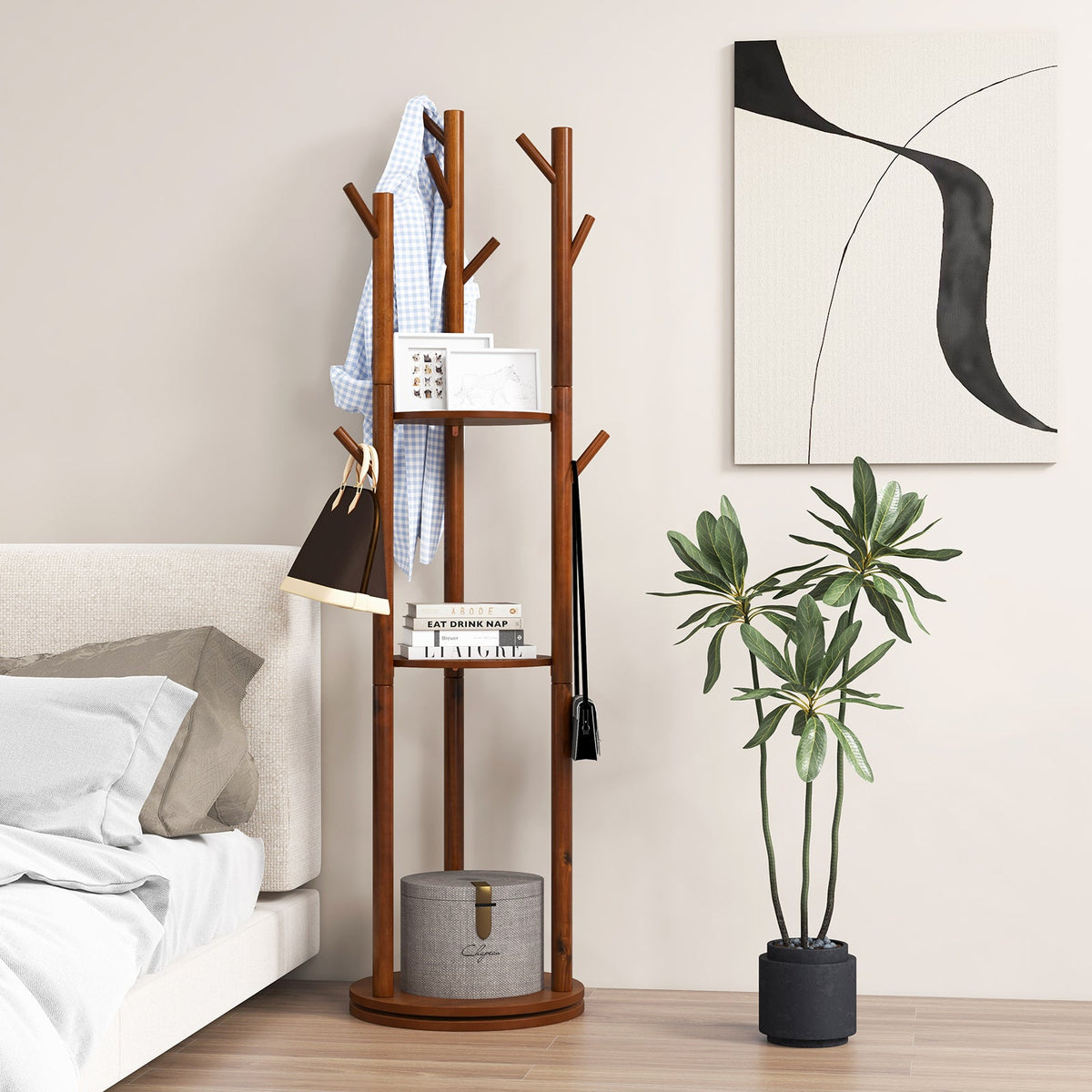 DirectDeals freestanding wooden coat tree with 3 display shelves and 9 hooks in brown on Tampa Home & Garden Store