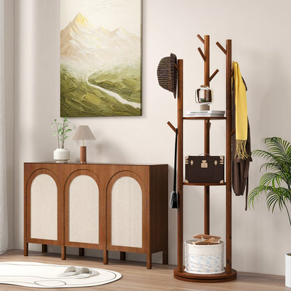 DirectDeals freestanding wooden coat tree with 9 hooks and 3 display storage shelves on Tampa Home & Garden Store