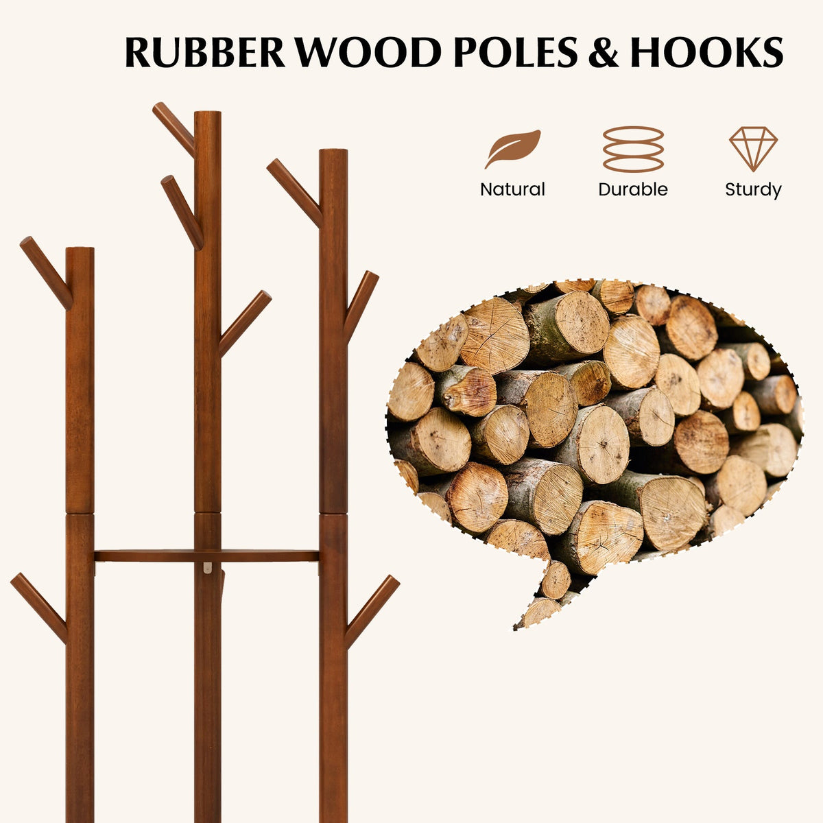 Freestanding wooden coat tree with 9 hooks and 3-shelf display in rubber wood DirectDeals brand on Tampa Home & Garden Store