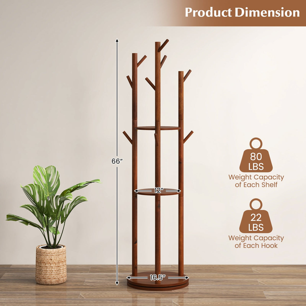 Wooden coat tree by DirectDeals with 3 display shelves and 9 hooks on Tampa Home & Garden Store