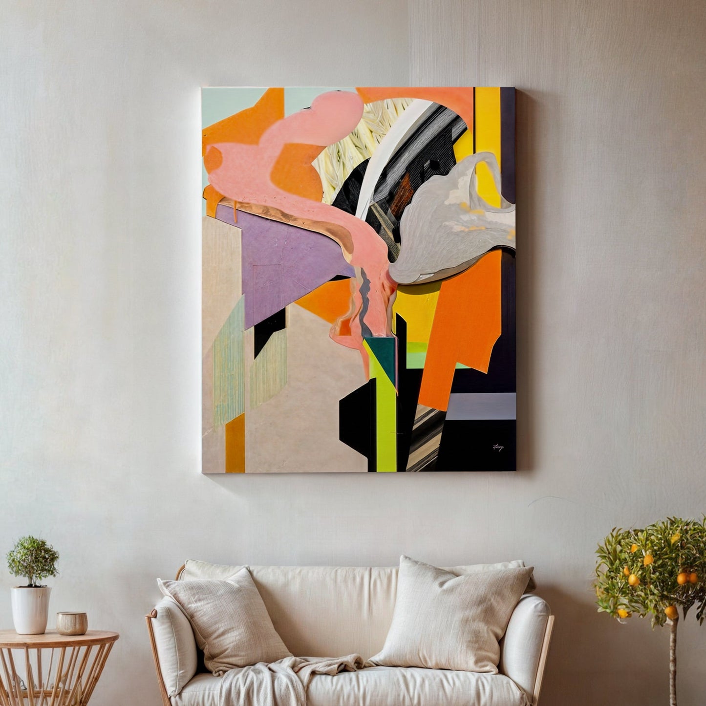 Canvas Print Fresh by Tailored Canvases abstract art with pink orange yellow shapes on wall on Tampa Home & Garden Store
