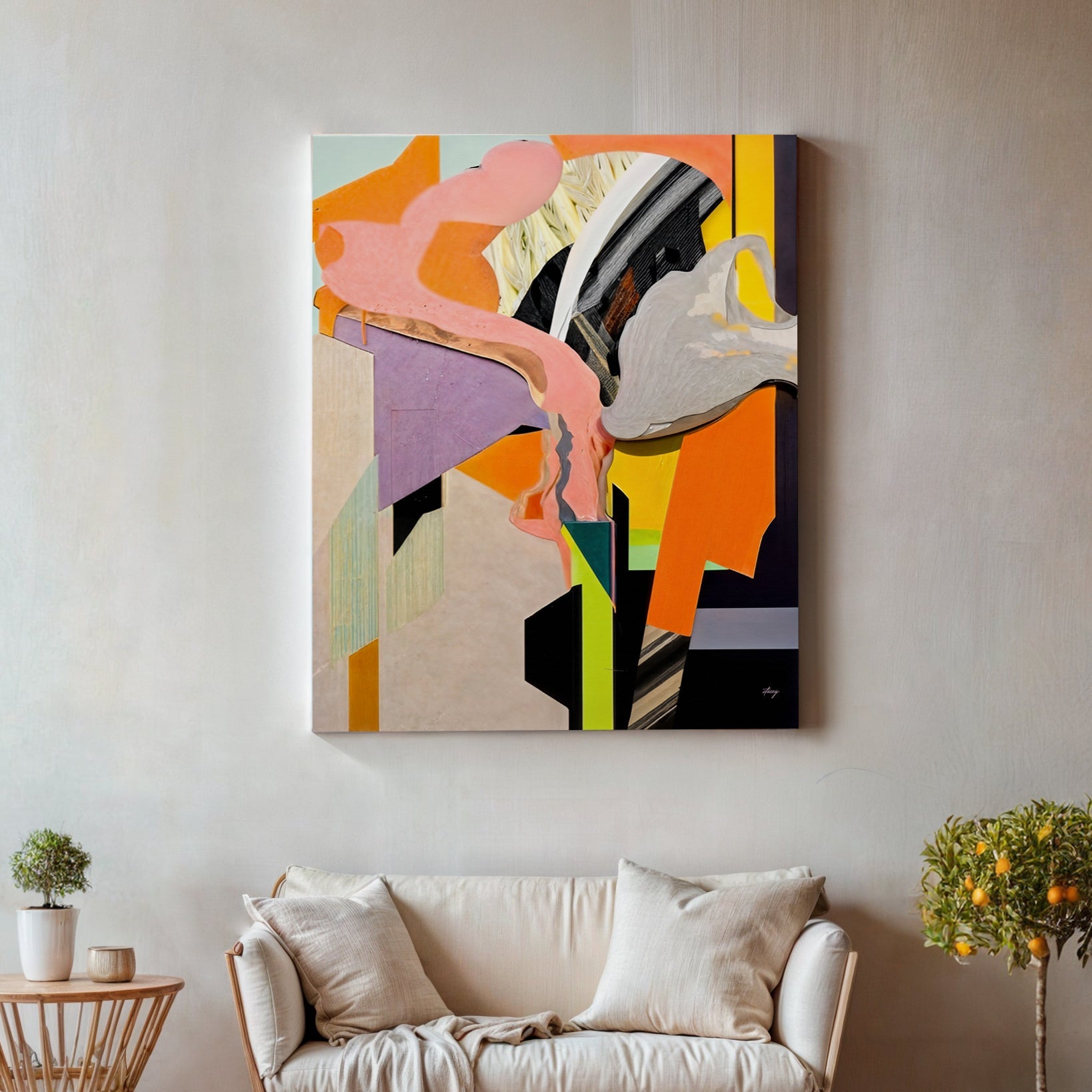 Canvas Print Fresh by Tailored Canvases abstract art with pink orange yellow shapes on wall on Tampa Home & Garden Store