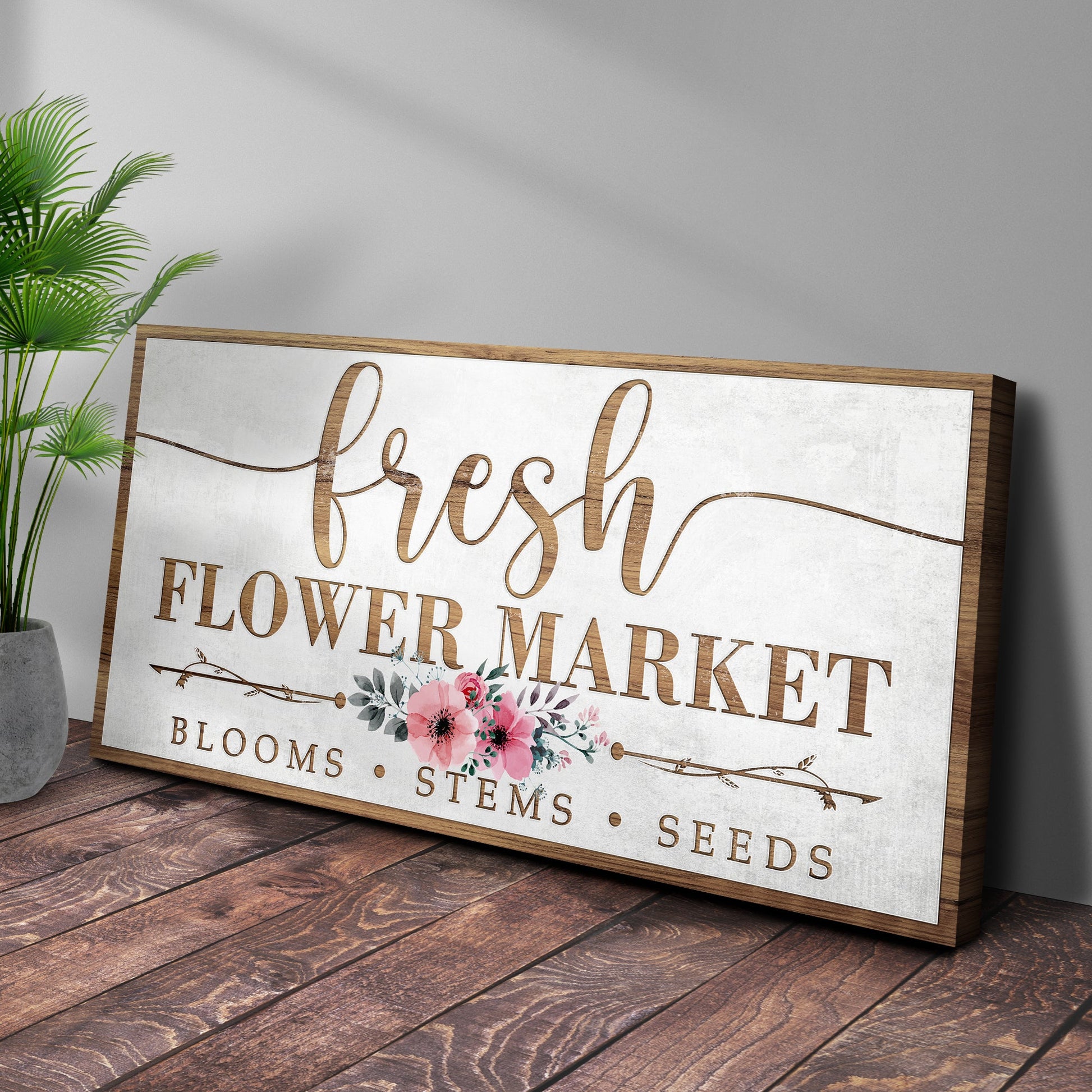 Fresh Flower Market sign canvas with wood frame and pink floral border Tailored Canvases on Tampa Home & Garden Store