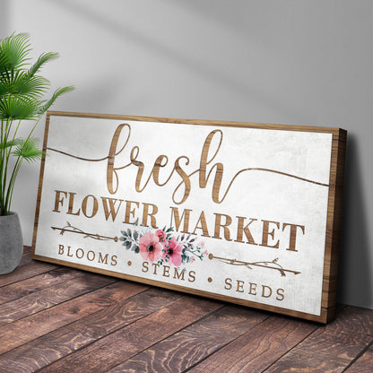 Fresh Flower Market sign canvas with wood frame and pink floral border Tailored Canvases on Tampa Home & Garden Store
