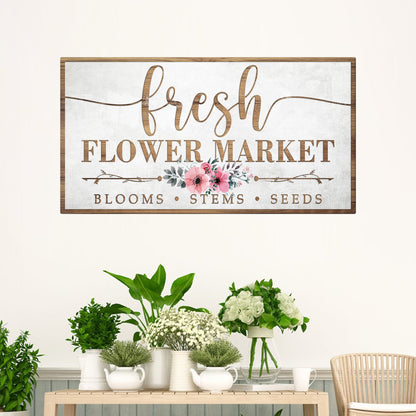 Fresh Flower Market Sign canvas by Tailored Canvases with wood frame and floral bouquet on Tampa Home & Garden Store
