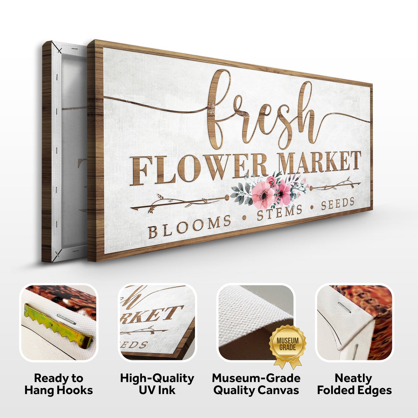Fresh Flower Market Sign canvas by Tailored Canvases with a rustic wood frame and pink bouquet on Tampa Home & Garden Store