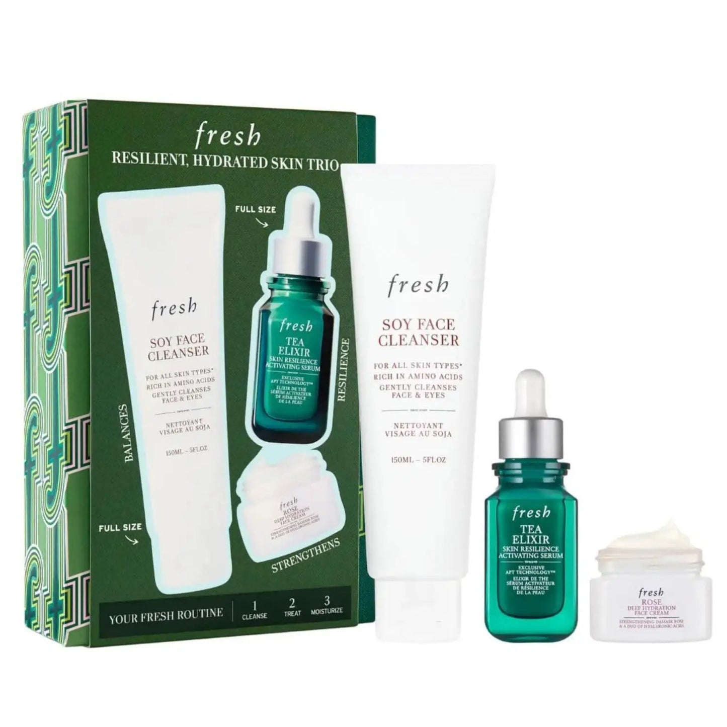 Fresh Hydration Boost Trio Set skincare kit with soy cleanser, tea elixir serum, rose cream on Tampa Home & Garden Store