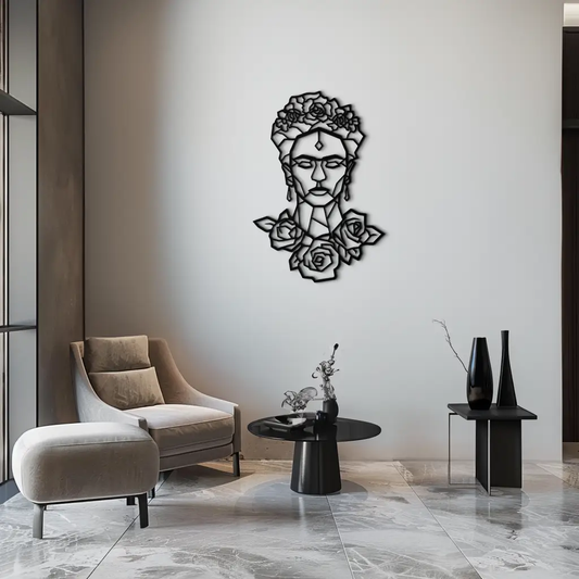 Frida Kahlo geometric metal wall art, black portrait with floral crown, modern wall sculpture on Tampa Home & Garden Store