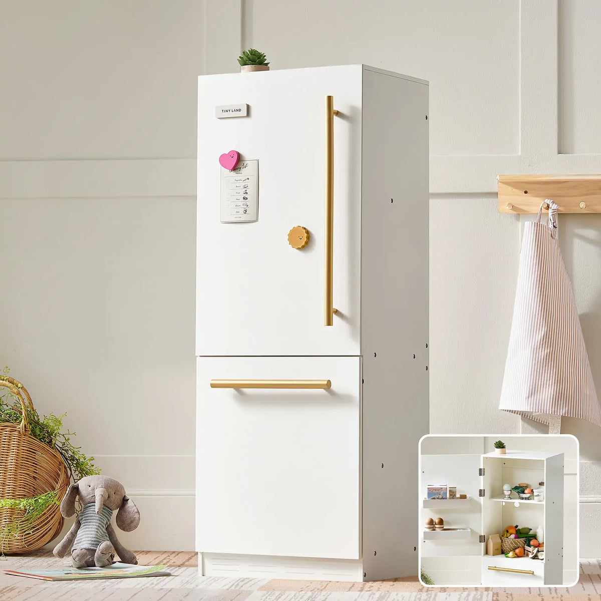 Tiny Land Play Kitchen Fridge white wooden toy cabinet with gold handles and magnets on top on Tampa Home & Garden Store