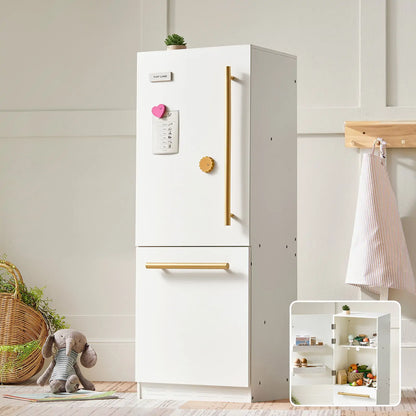 Tiny Land Play Kitchen Fridge white wooden toy cabinet with gold handles and magnets on top on Tampa Home & Garden Store