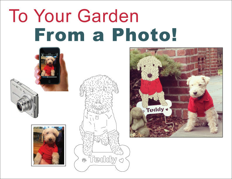 Pet Portraits garden art sculpture by Rustica Ornamentals, dog portrait in red shirt with bone sign on Tampa Home & Garden Store