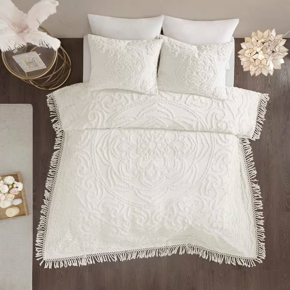 Full/Queen 100-Percent Cotton Chenille Bedspread with Fringe Hem in Off-White - Tampa Home & Garden Store
