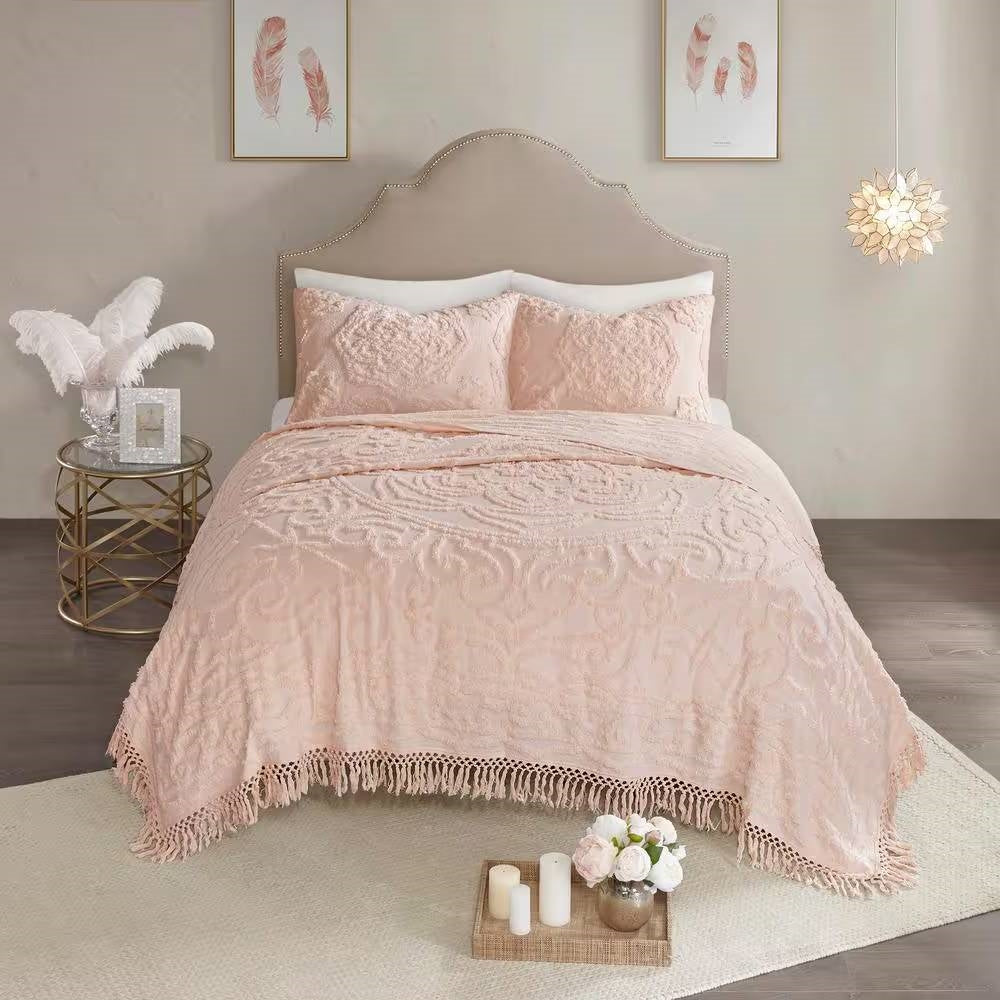 Full/Queen 100-Percent Cotton Chenille Bedspread with Fringe Hem in Pink Blush - Tampa Home & Garden Store