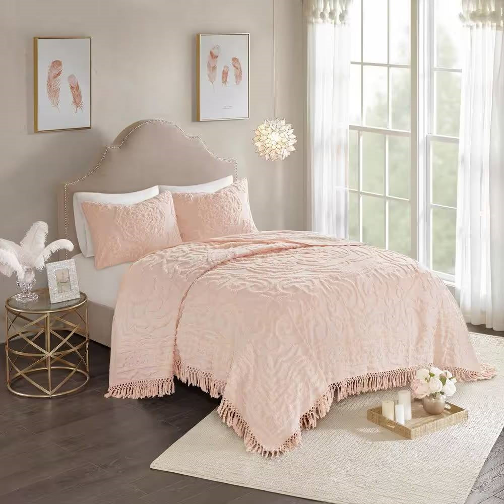 Full/Queen 100-Percent Cotton Chenille Bedspread with Fringe Hem in Pink Blush - Tampa Home & Garden Store