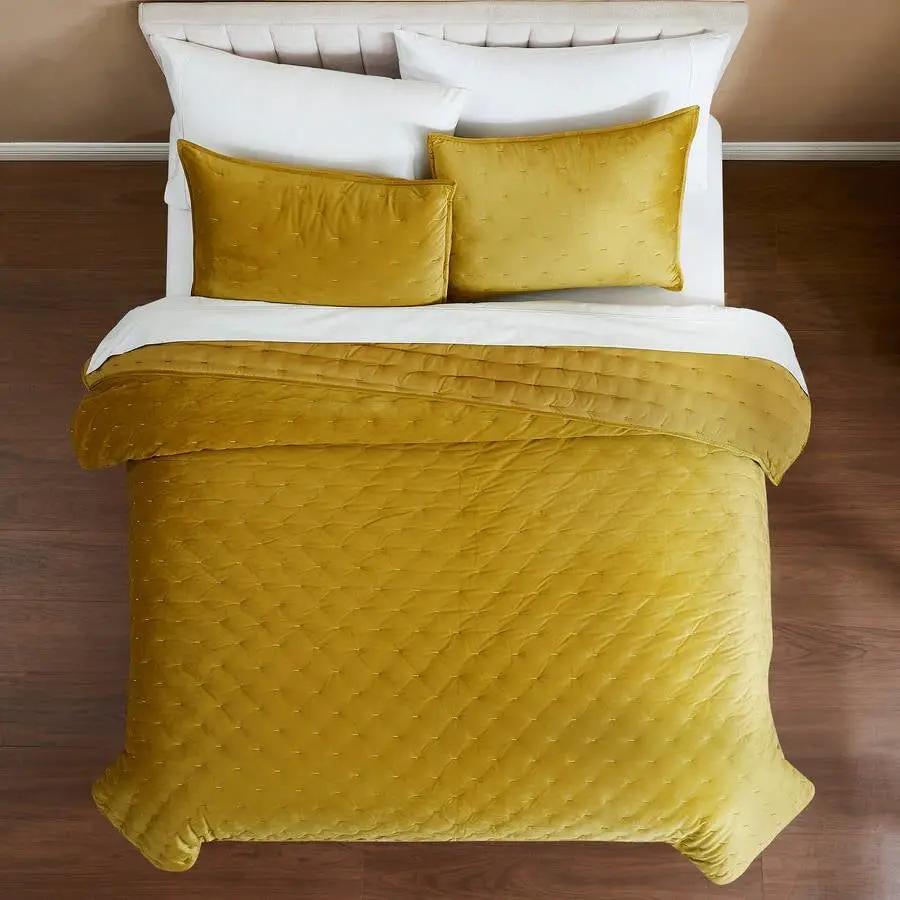 Full / Queen 3-Piece Mustard Yellow Velvet Embroidered Lavishly Soft Quilt Set - Tampa Home & Garden Store