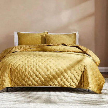 Full / Queen 3-Piece Mustard Yellow Velvet Embroidered Lavishly Soft Quilt Set - Tampa Home & Garden Store
