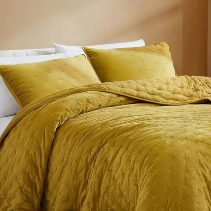 Full / Queen 3-Piece Mustard Yellow Velvet Embroidered Lavishly Soft Quilt Set - Tampa Home & Garden Store