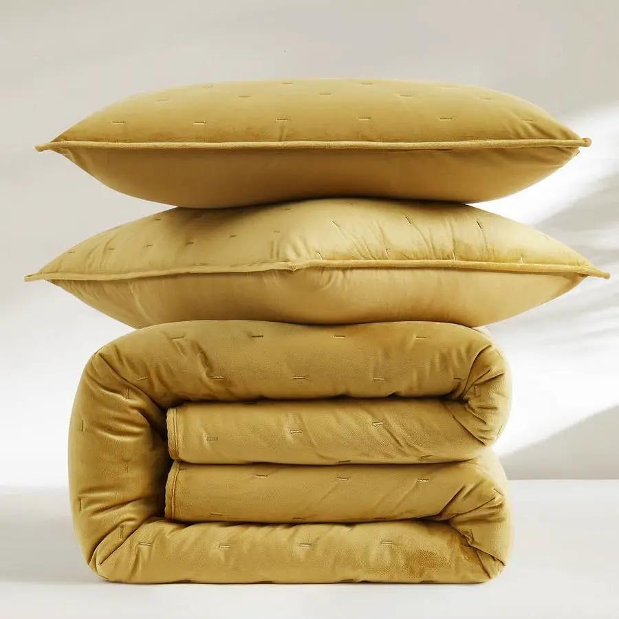 Full / Queen 3-Piece Mustard Yellow Velvet Embroidered Lavishly Soft Quilt Set - Tampa Home & Garden Store