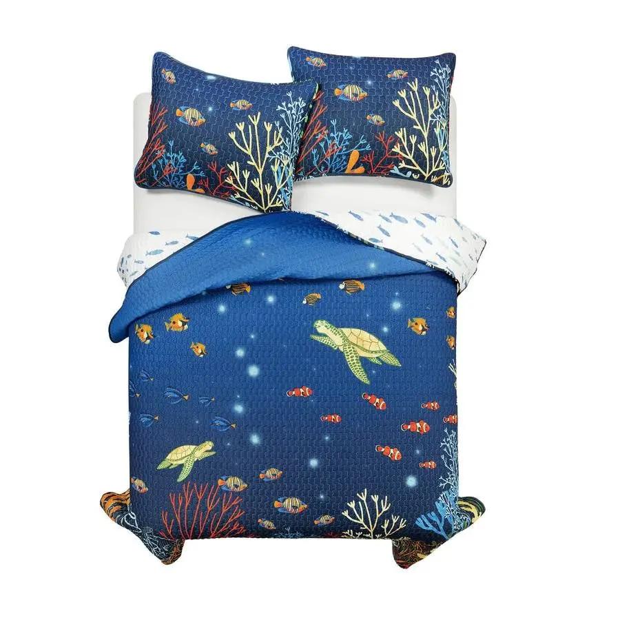 Full/Queen 3 Piece Ocean Navy Blue Clown Fish Coral Reef Reversible Quilt Set - Tampa Home & Garden Store
