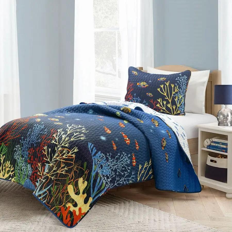 Full/Queen 3 Piece Ocean Navy Blue Clown Fish Coral Reef Reversible Quilt Set - Tampa Home & Garden Store