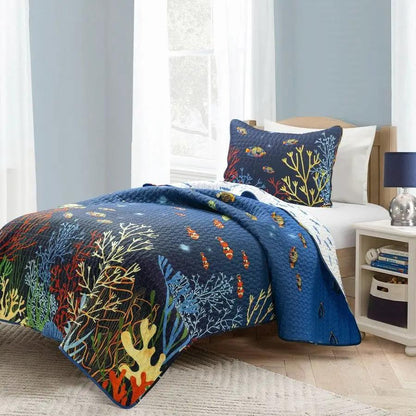 Full/Queen 3 Piece Ocean Navy Blue Clown Fish Coral Reef Reversible Quilt Set - Tampa Home & Garden Store