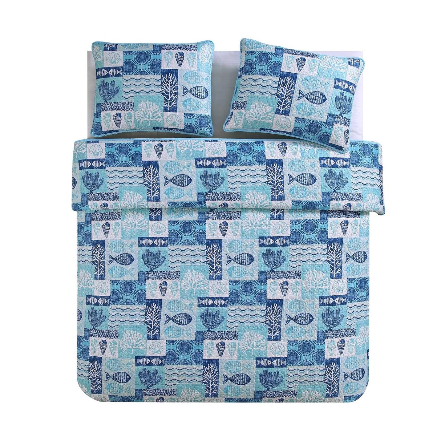 Full/Queen Aqua Blue Cream Beach Sea Shells Coral Fish Coastal 3-Piece Quilt Set - Tampa Home & Garden Store