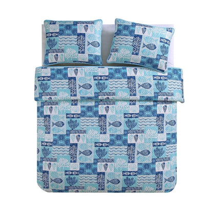Full/Queen Aqua Blue Cream Beach Sea Shells Coral Fish Coastal 3-Piece Quilt Set - Tampa Home & Garden Store