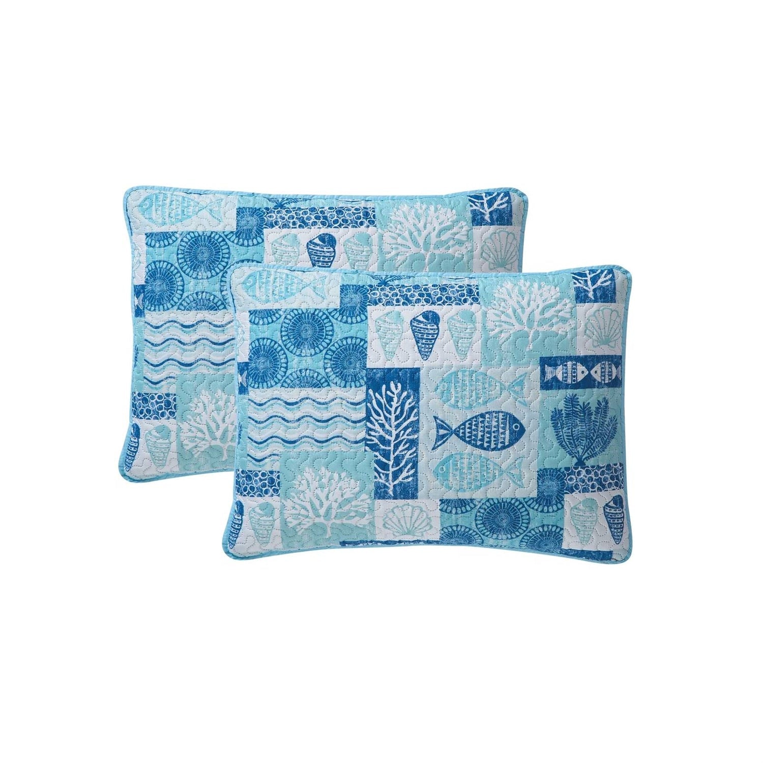 Full/Queen Aqua Blue Cream Beach Sea Shells Coral Fish Coastal 3-Piece Quilt Set - Tampa Home & Garden Store